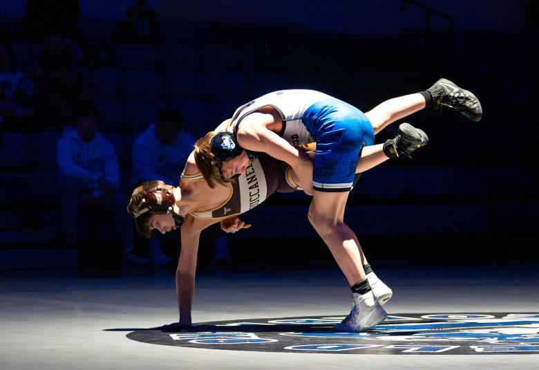 Westfield 107-pounder Easton Busho takes down his Blue Earth Area (BEA) opponent. Westfield beat BEA 38-25 in the first round of sections in Hayfield last week.